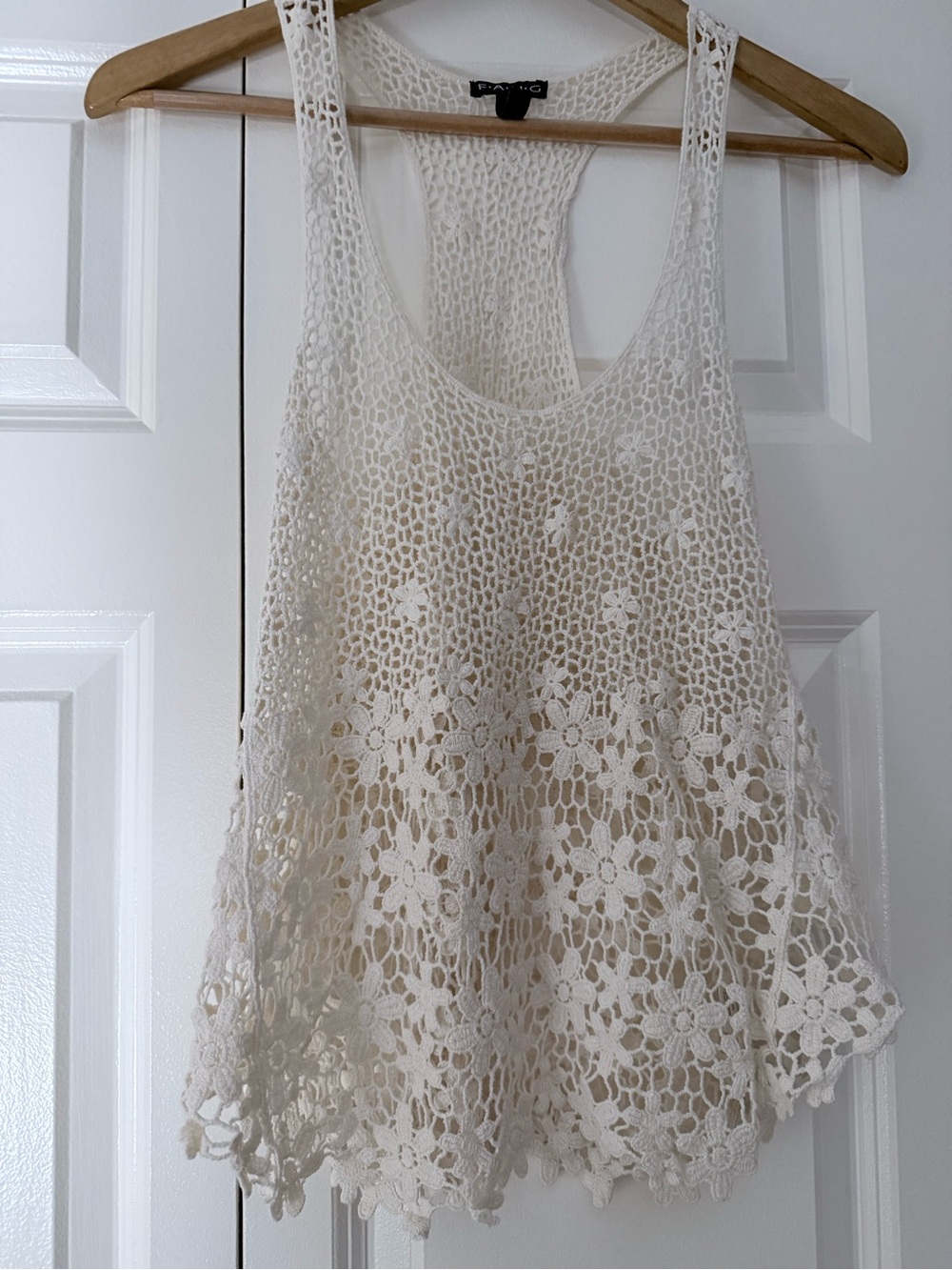 Title: F.A.N.G. Y2K Cream Floral Crochet Racerback Tank Boho Size S